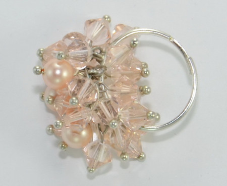 Inel cu cristale biconice si perle - 6mm - Crystal Light Peach