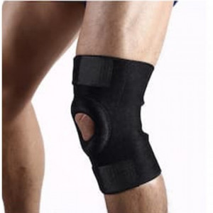Orteza ajustabila cu rotula decupata, cu inel de gel, pentru sport si recuperare articulatii, unisize, circumferinta maxima genunchi 47 cm, NEGRU/GRI/ALBASTRU