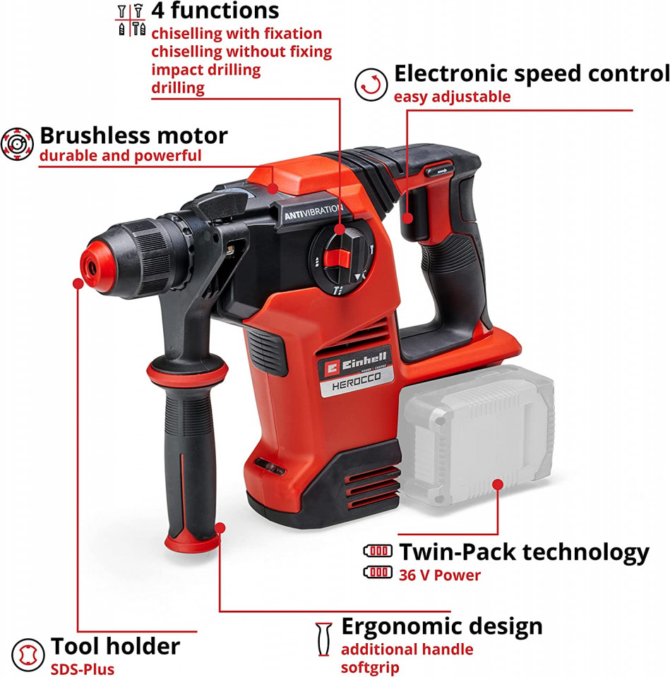 Marteau Perforateur Einhell Herocco 36/28 - 2x18V - 1 Batterie 3Ah + Chargeur - Neuf