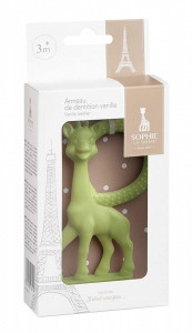 Inel dentitie vanilie in cutie cadou, Girafa Sophie Verde