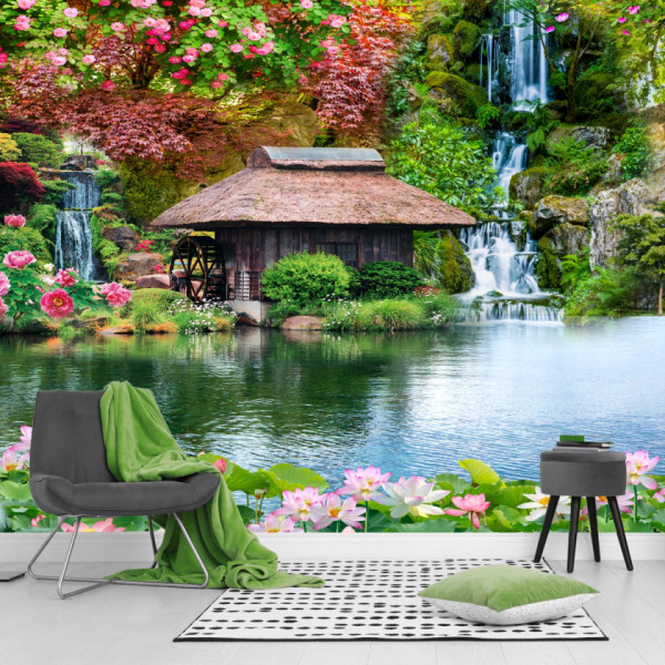 Fototapet 3D Moara Pe Lac Cu Nuferi Si Padure Colorata OPO5343 Fototapet 3D Moara Pe Lac Cu Nuferi Si Padure Colorata OPO5343