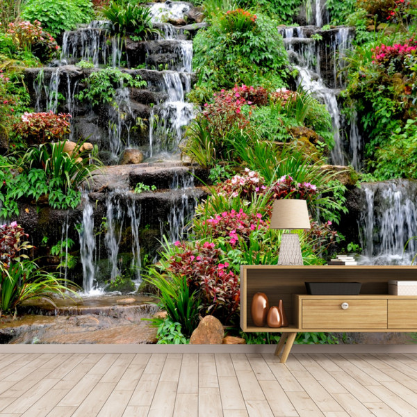 Fototapet 3D Cascade Artizanale Printre Flori Si Plante Verzi WTF76