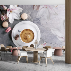Fototapet Ceasca de Cafea cu Magnolii si Macaroons BES486
