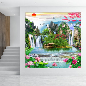 Tablou Canvas Ilustratie 3D Peisaj de Vara cu Cascade si Flori OPO5329