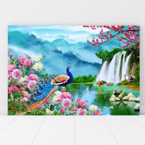 Tablou Canvas Paun cu Bujori si Cascada SEF101