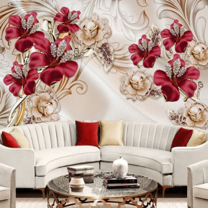 Fototapet 3D Flori Rosii si Flori Aurii cu Perle BES400