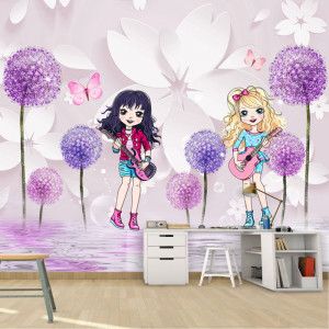 Fototapet Micutele Chitariste Printre Flori Roz - Violet CG2101