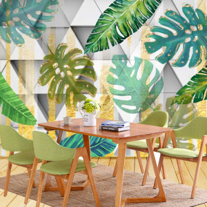 Fototapet Mix de Frunze Tropicale cu Fundal Geometric BES89