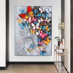 Tablou Canvas Artistic Femeie cu Fluturi Multicolori MART26