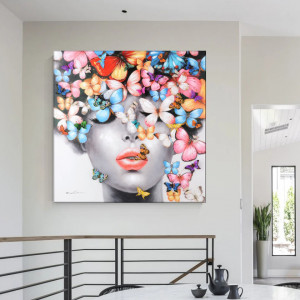 Tablou Canvas Artistic Femeie cu Fluturi Multicolori MART27