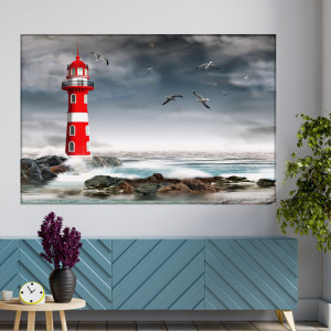 Tablou Canvas Far Rosu in Marea Agitata PMO133