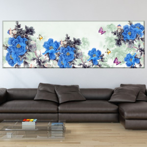 Tablou Canvas Panoramic Bujori Albastri cu Fluturi SEF89