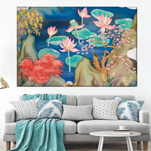 Tablou Canvas Peisaj Feng Shui cu Flori de Lotus si Frunze Turcoaz SEF85
