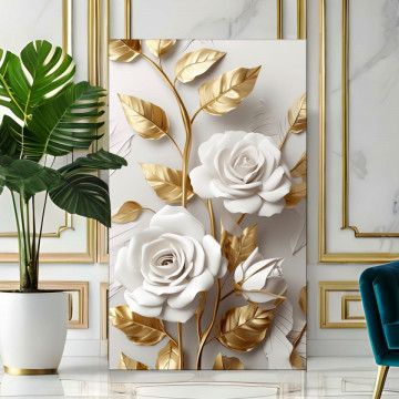 Tablou Canvas Trandafiri Eleganti cu Frunze Aurii ILM50