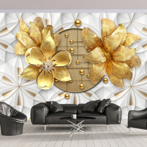 Fototapet 3D Flori Aurii cu Fundal Modern BES163