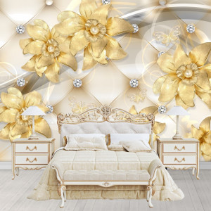 Fototapet 3D Flori Aurite cu Cristale BES165
