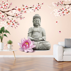 Fototapet Buddha Printre Crengute cu Flori de Cires BDS19