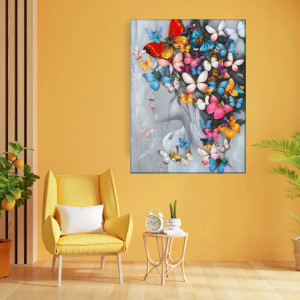 Tablou Canvas Artistic Femeie cu Fluturi Multicolori MART26