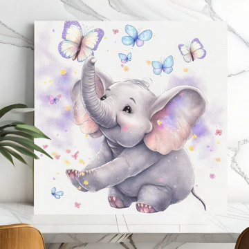 Tablou Canvas Elefantel Vesel cu Fluturi DGP34