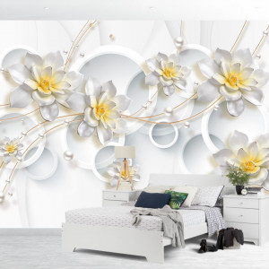 Fototapet 3D Flori Delicate cu Cercuri Albe BES451B