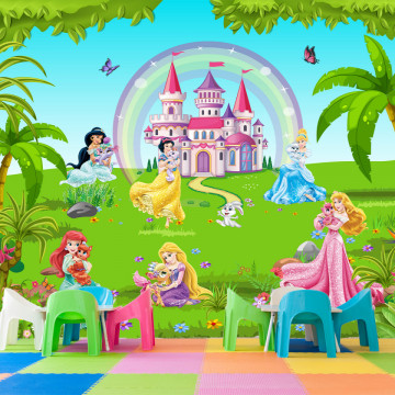 Fototapet Printese cu Animalute In Gradina Tropicala cu Castel CG33