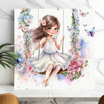 Tablou Canvas Fetita Frumoasa in Leagan cu Flori DGP37