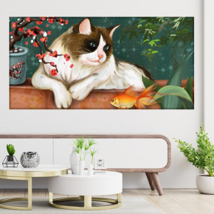 Tablou Canvas Pisica cu Pestisor Auriu CAT73