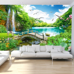 Fototapet 3D Cascada Cu Pod de Lemn peste Lac OPO5341