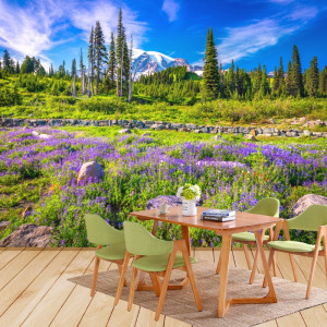 Fototapet 3D Peisaj de Munte cu Flori Violet si Cer Senin PMG33