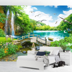 Fototapet 3D Cascada Cu Pod de Lemn peste Lac OPO5341