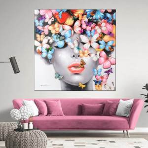 Tablou Canvas Artistic Femeie cu Fluturi Multicolori MART27