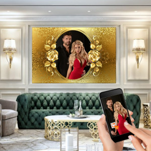 Tablou Canvas Colaj Oval cu Trandafiri Aurii Personalizat 1 Poza CFR1