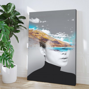 Tablou Canvas Dubla Expunere Model Fashion cu Peisaj de Munte ILM33