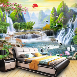 Fototapet 3D Cascade cu Caprioare In Peisaj de Vis OPO538