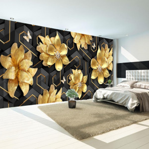 Fototapet 3D Flori Aurii cu Fundal Negru Futurist BES119