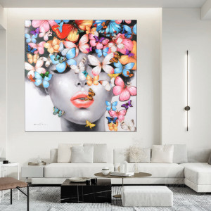 Tablou Canvas Artistic Femeie cu Fluturi Multicolori MART27