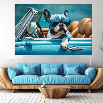 Tablou Canvas Catel Bulldog Francez cu Ochelari la Volan DGS21