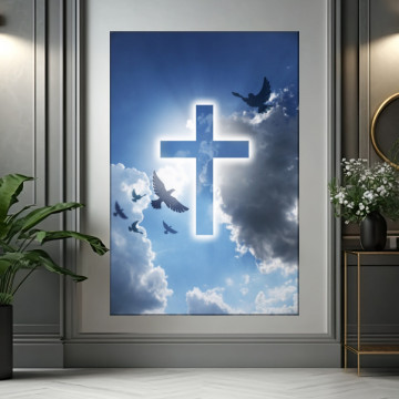 Tablou Canvas Cer Albastru, Cruce cu Porumbei ICR39