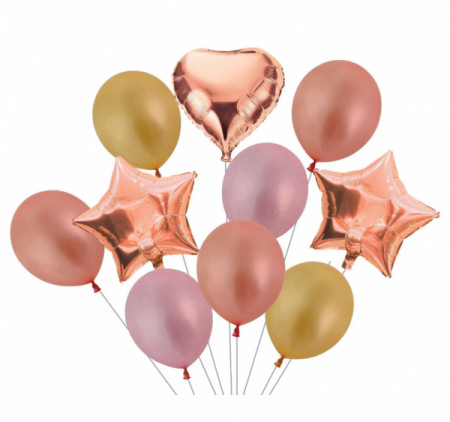 Set 10 baloane, Lejla, modele si marimi diferite, nuante de roz metalizate