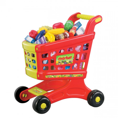 Cos de cumparaturi, pentru copii, Lejla, rosu, din plastic, cu alimente incluse, 42×9,5×65 cm