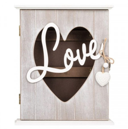Cutie din lemn, Love, pentru chei, cu 6 agatatori, alb-gri, 22x7x26.5 cm