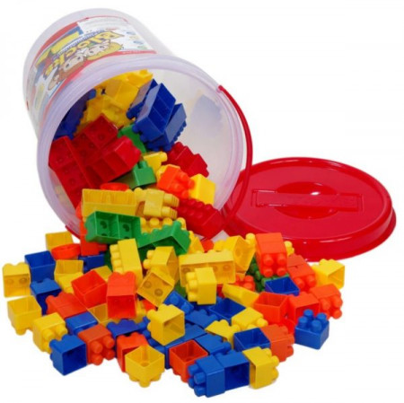 Set de construit, Lejla, pentru copii, galeata cu 144 de piese multicolore, din plastic