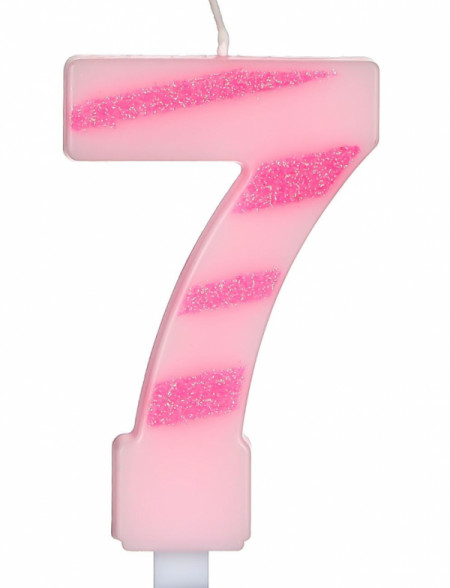 Lumanare cifra 7, Lejla, roz cu dungulita sclipicioasa, 7 cm