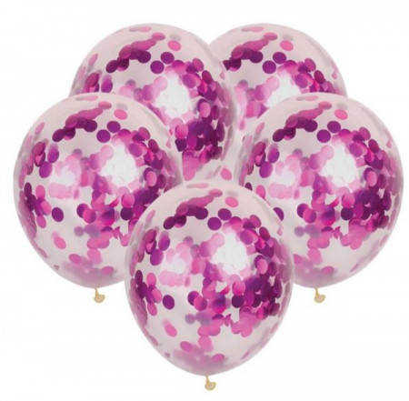 Set 10 baloane, Lejla, transparente cu confetti fuchsia, 30 cm