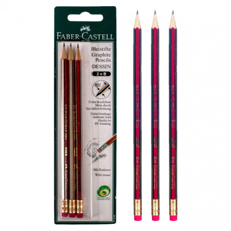 Set 3 creioane, Faber-Castell, rosu / negru, cu radiera