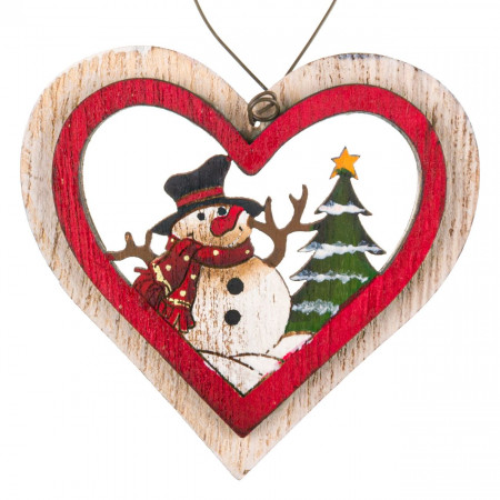 Decoratiune din lemn, Lejla pentru bradut, inimioara cu bradut si om de zapada, 8cm