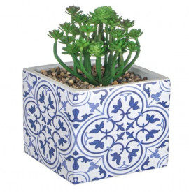 Ghiveci ceramica, Lejla, cu model albastru si planta verde, 13x13x11 cm