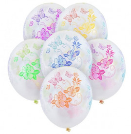 Set 15 baloane, Lejla, albe cu fluturi si flori colorate, dimensiune 30 cm