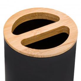 Suport periuta de dinti, Lejla negru cu capac din bambus, 6.5×11 cm