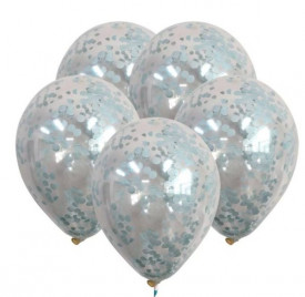 Set 5 baloane, Lejla, transparente cu confetti albastre, 23 cm